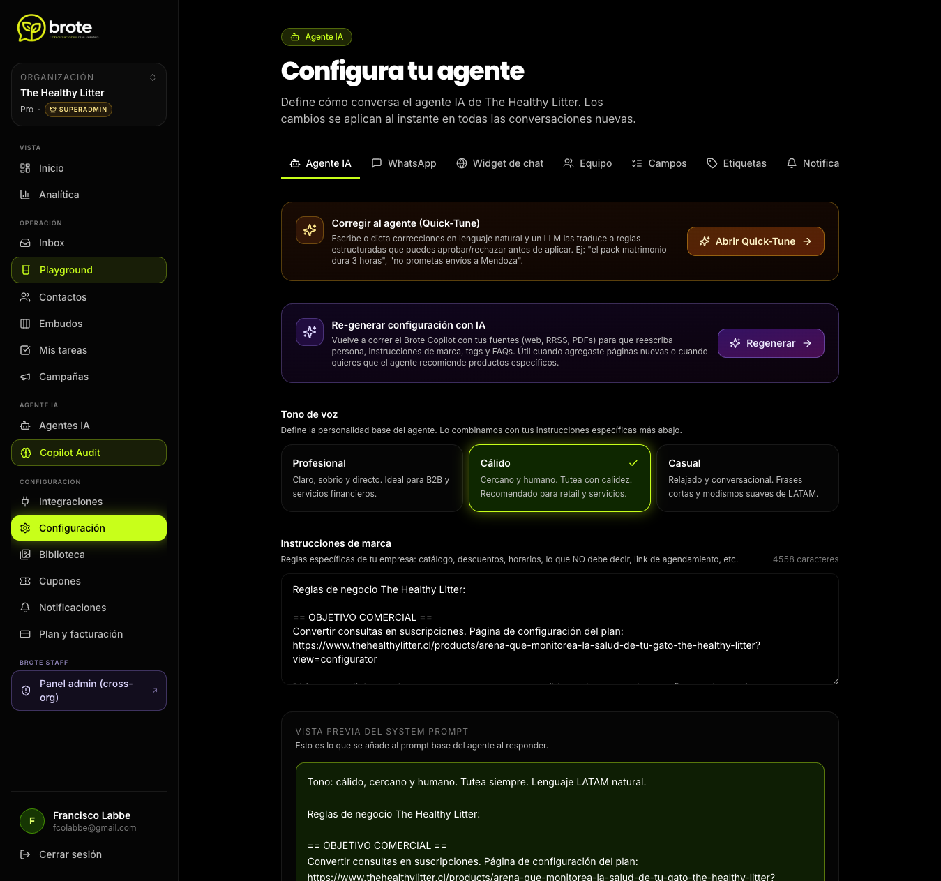 Configuración del agente IA en el dashboard de Brote