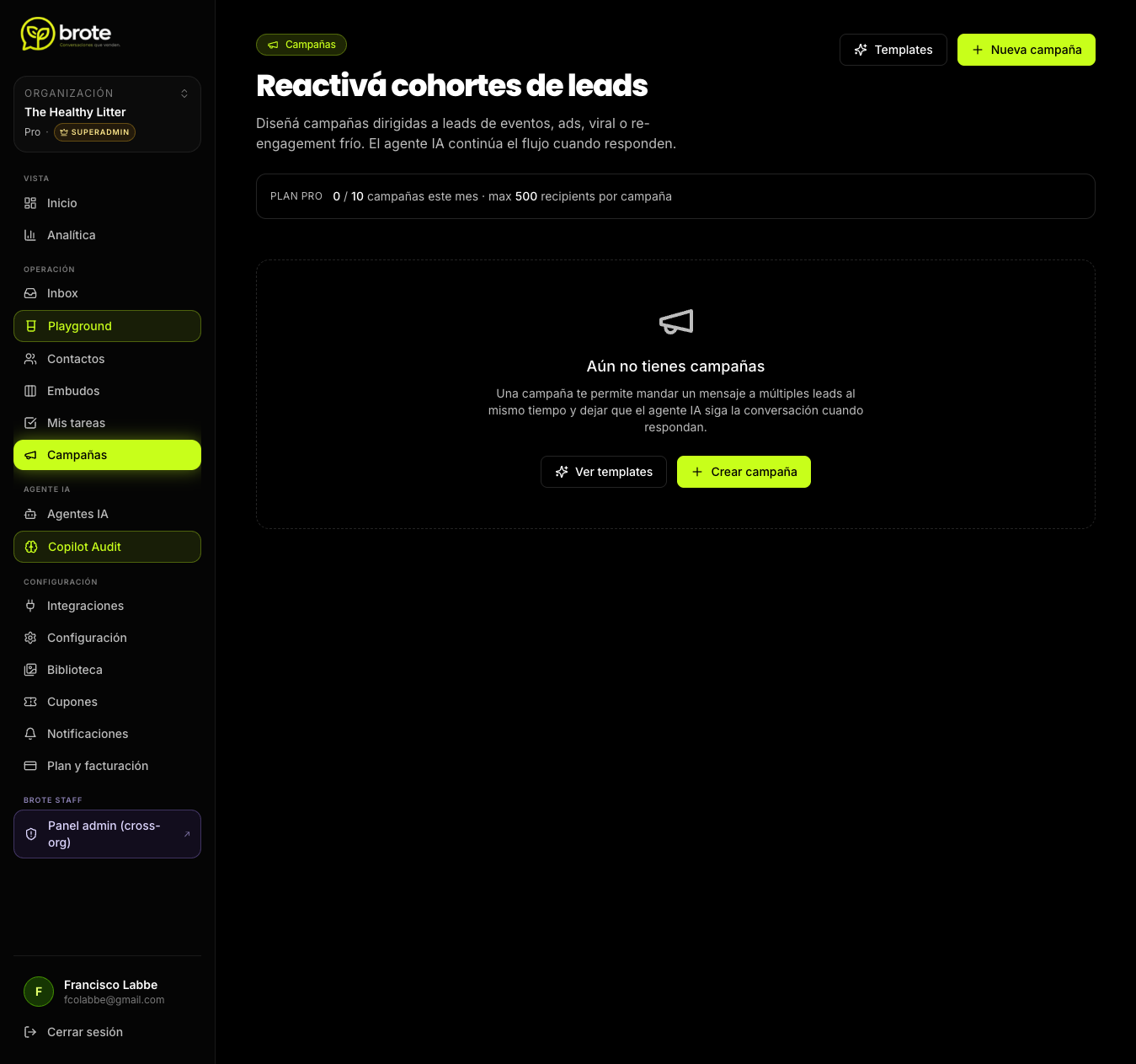 Vista de campañas en el dashboard