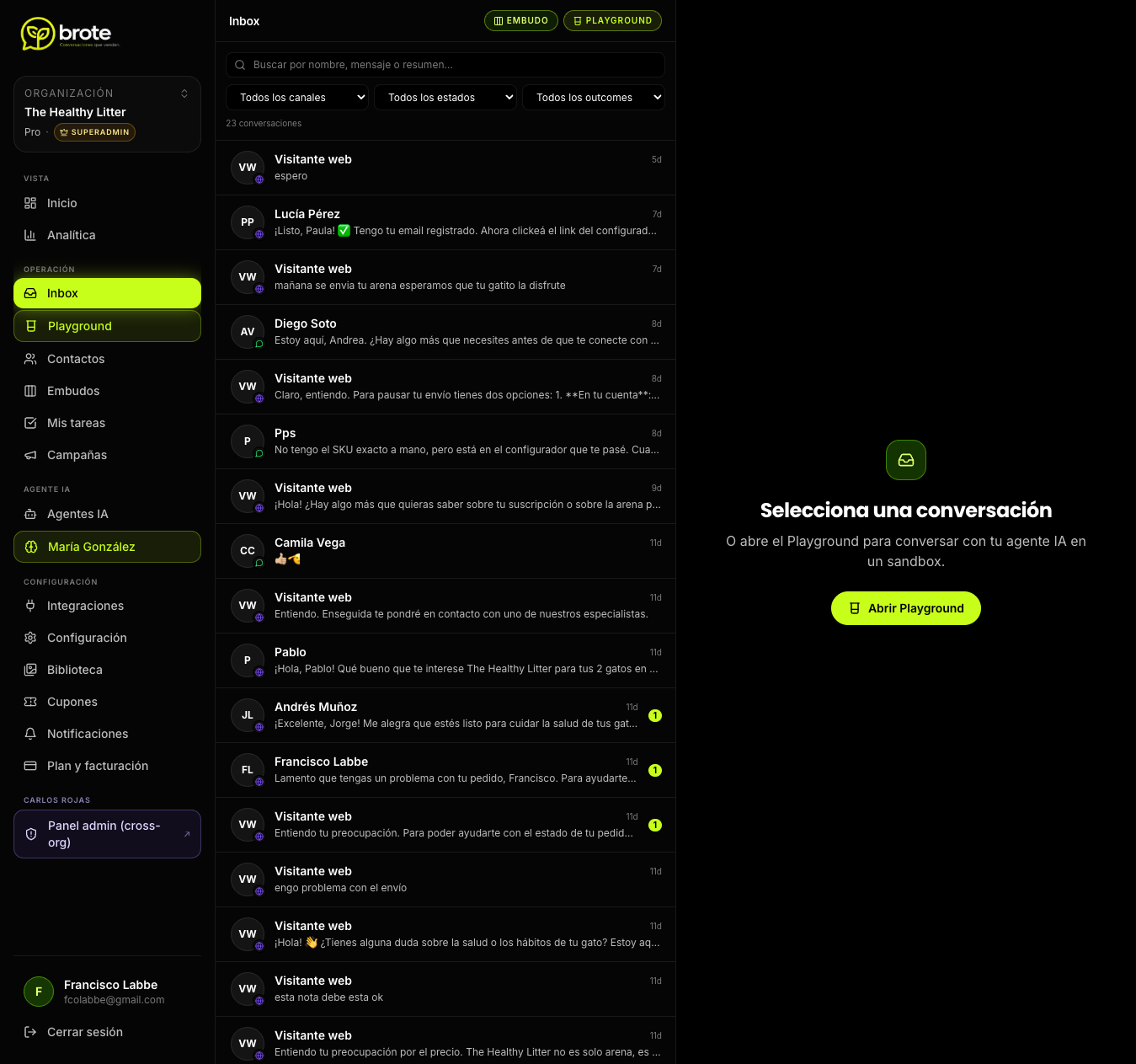 Inbox unificado con conversaciones de múltiples canales