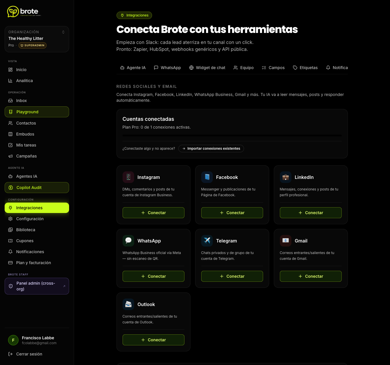 Hub de integraciones con todos los canales sociales disponibles