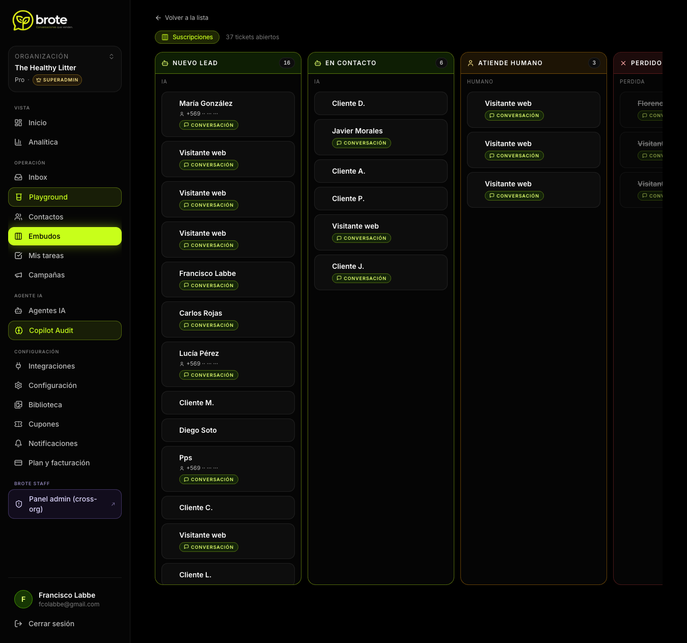 Pipeline kanban con tickets distribuidos en etapas