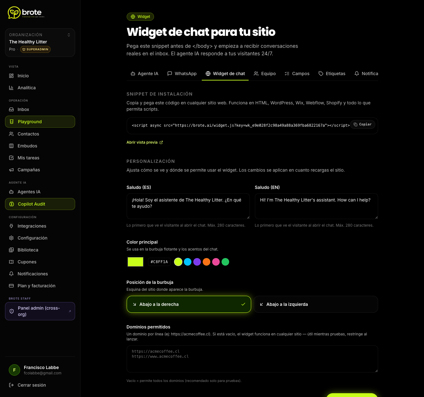 Configuración del webchat embebible